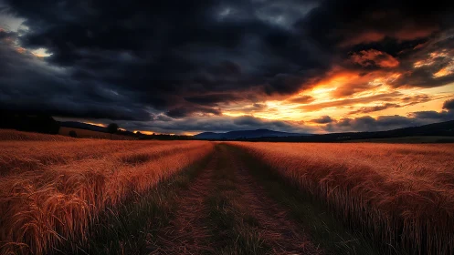 Storm-lit wheat field under dramatic sunset sky.