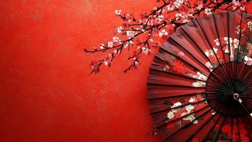 Red paper fan rests beneath painted cherry blossoms.