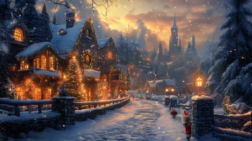 Snowy Christmas village street under glowing twilight sky.