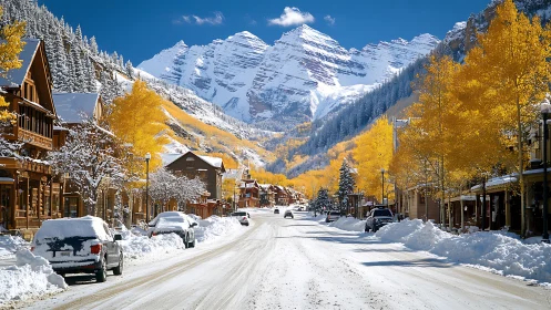 Snow covered mountain town street framed by bright yellow trees