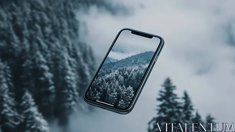 Floating smartphone framing misty conifer forest landscape.