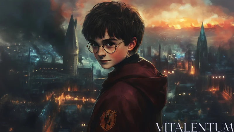 Digital painting portrait over smoldering gothic cityscape.