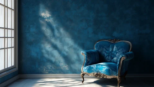 Radiant blue armchair under oblique window light in studio interior.