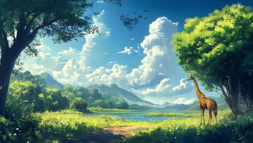 Sunlit savanna valley with solitary giraffe under cumulus sky