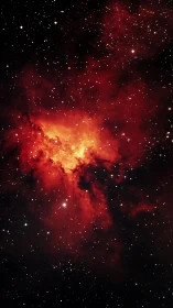 Red emission nebula glows against dense star field background.