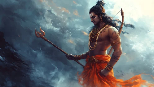 Serene warrior in orange robes walking through stormy clouds.