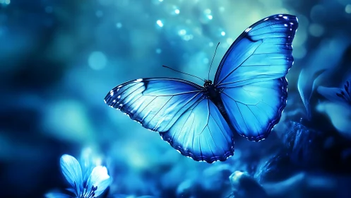 Blue morpho butterfly hovers over glowing blurred flowers