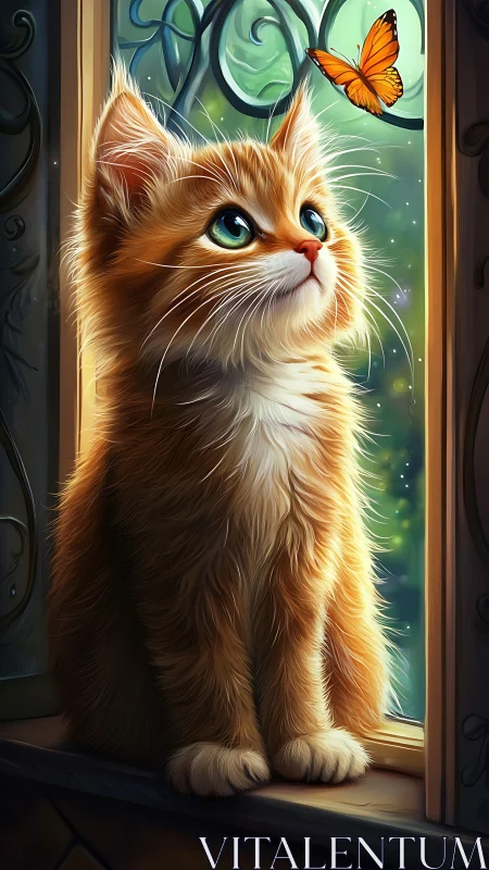 Ginger cat with turquoise eyes gazes upward at orange butterfly through window