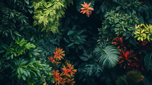 Dense overhead view shows mixed tropical foliage layer