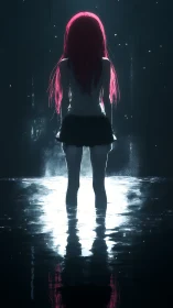 Solitary anime girl stands in glowing midnight water, reflecting