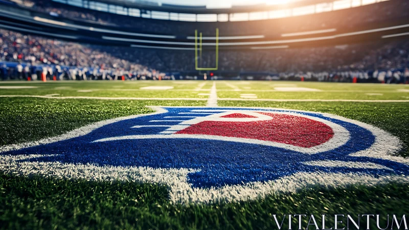 Stadium roar rising over sunlit gridiron emblem glow.