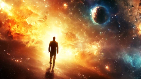 Silhouetted figure on reflective path beneath cosmic sky.