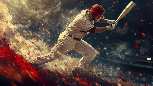 Powerful baseball swing bursting with motion and fire.