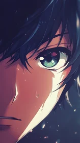 Somber anime boy stares ahead with tearful, shining eye.