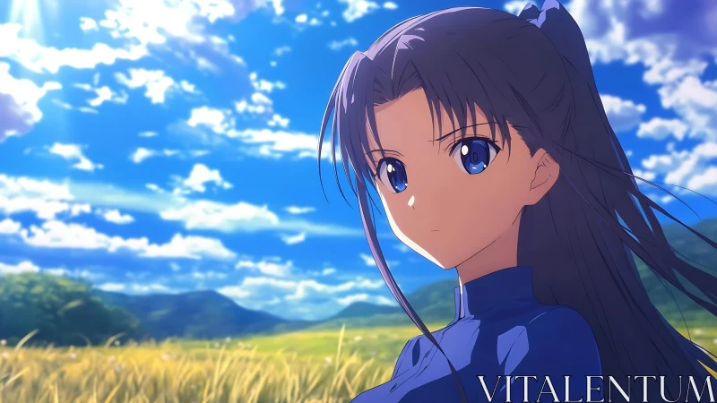 Anime girl in blue gazes over sunlit field under vivid sky