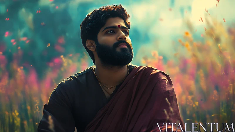 Bearded man in maroon shawl amid soft blurred meadow.