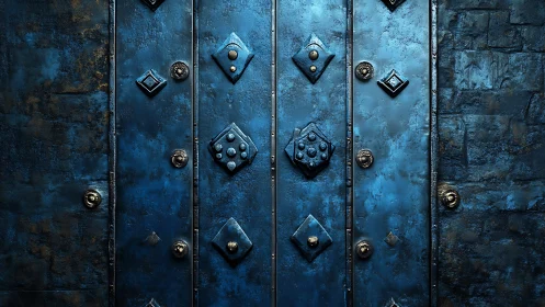Blue metal door with geometric studs and textured surface.
