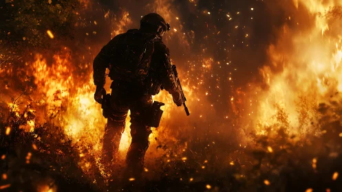 Armed soldier advancing through flames in tactical combat scenario