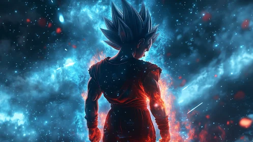 Digital anime warrior in cosmic energy field composition.