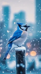 Blue Jay Perched in Falling Snow with Winter Cityscape.