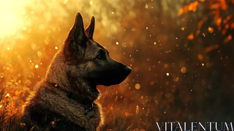 Golden hour German shepherd gazes softly into glowing light