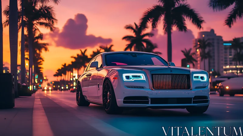 White coupe on palm-lined city street at sunset.