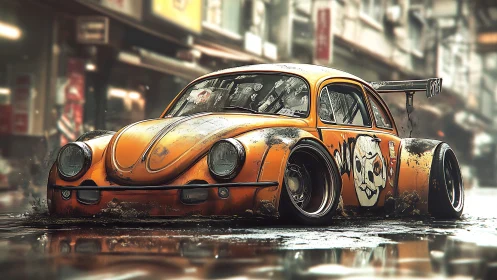 Street-tuned beetle splashing through a rainy cyber city.