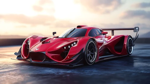 Red futuristic race car stands on wet track at sunset