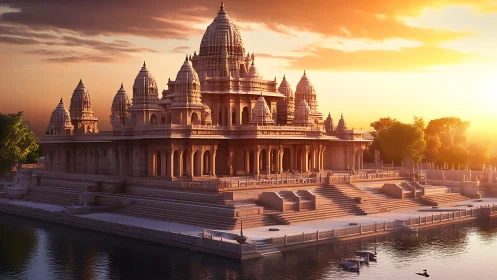 Sunlit riverside temple glows in serene golden twilight.