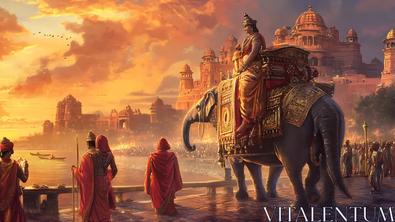 Royal elephant procession crosses river beside sunset palace.