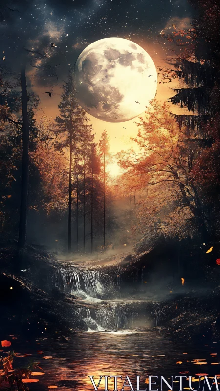 Full moon over misty forest waterfall at night.