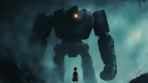 Colossal robot confronts lone child in foggy nightscape.