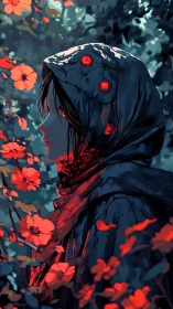 Figure in hooded cloak stands amid red flowers in profile