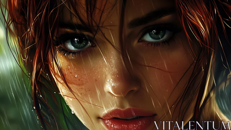 Intense green-eyed woman portrait under driving rain