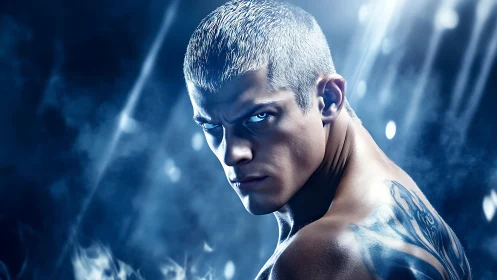 Intense silver‑haired warrior glares through icy blue light.