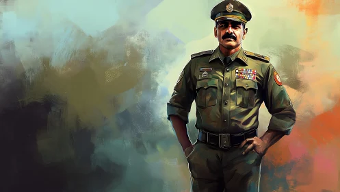 Uniformed officer in decorated military attire standing.