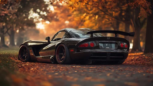 Low black supercar gleams under golden autumn trees on lane