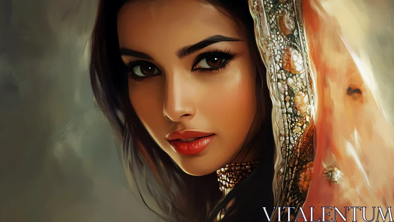 Warm portrait of a gentle gaze framed in jeweled fabric.