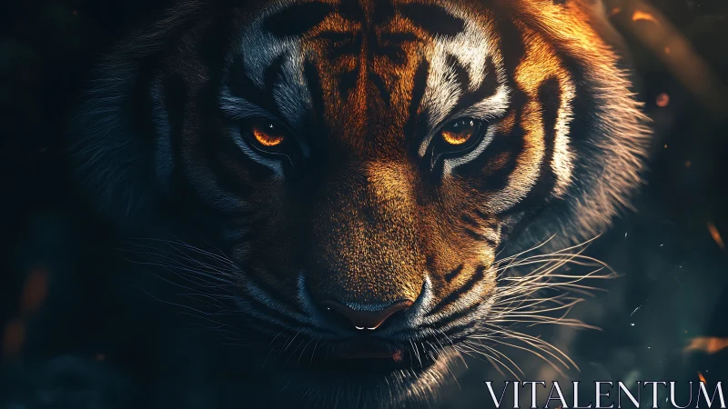 Burnished tiger gaze glows warmly against deep forest shadows