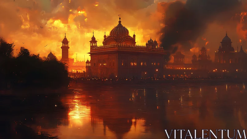 Ember-lit riverside temple rendered in dramatic digital chiaroscuro