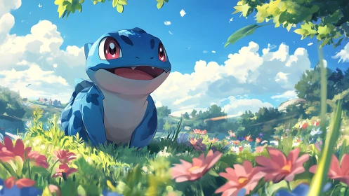 Blue creature in luminous meadow under expansive sky.