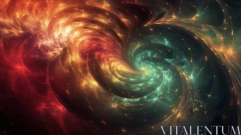 Celestial whirlpool of ember storms and teal starlight.