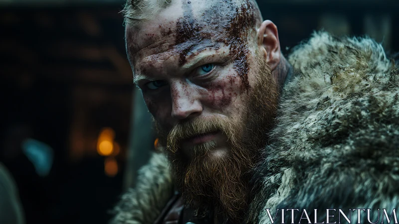 Bloodied Viking warrior stares forward with fierce resolve