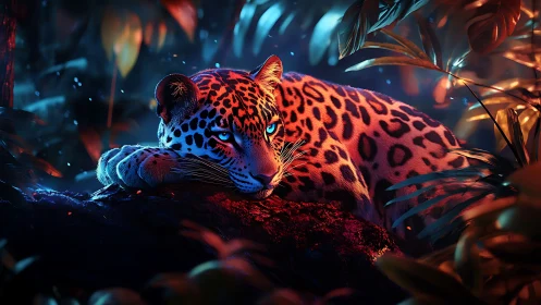 Neon Leopard: Bioluminescent Predator in Digital Landscape.