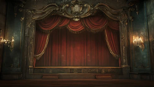 Ornate proscenium stage presents closed red velvet curtains
