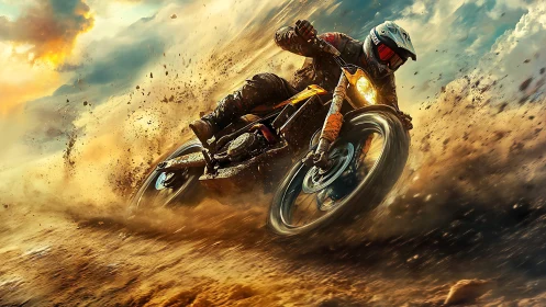 Dirt bike racer carves explosive arc through golden dust storm