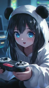 Panda hoodie gamer girl rendered with high-gloss anime lighting precision