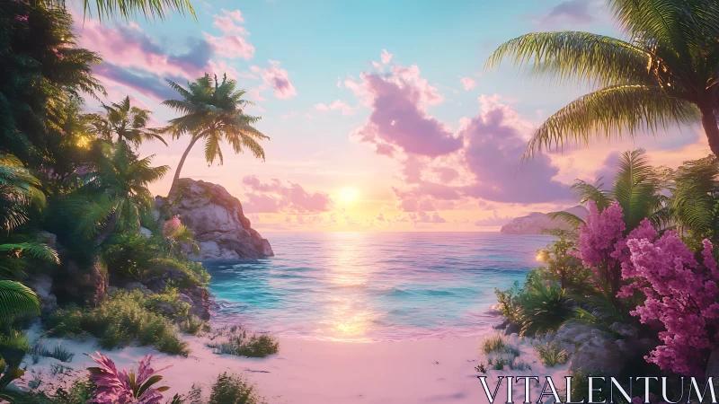 Tropical Paradise Sunset Over Pink Sand Beach.