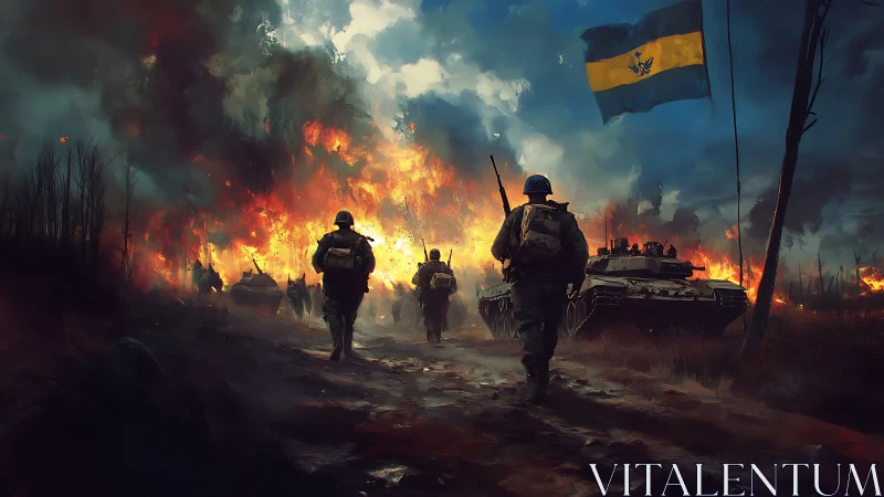 Infantry advance through burning battlefield under war flag.