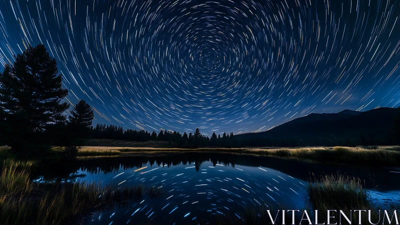 Spiraling night sky reflected in a calm mountain lake.